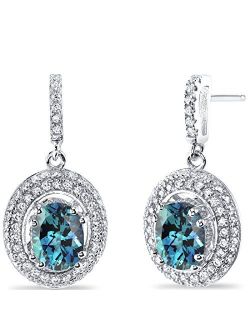 Simulated Alexandrite Halo Dangle Earrings for Women 925 Sterling Silver, Color-Changing 3.50 Carats total Oval Shape 8x6mm, Friction Backs