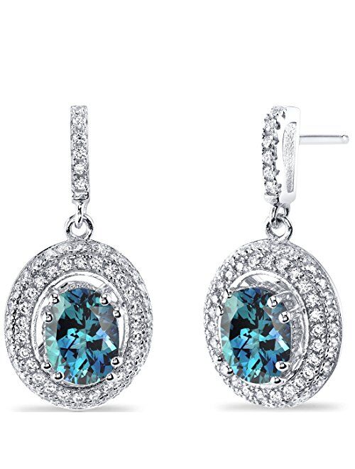 Peora Simulated Alexandrite Halo Dangle Earrings for Women 925 Sterling Silver, Color-Changing 3.50 Carats total Oval Shape 8x6mm, Friction Backs