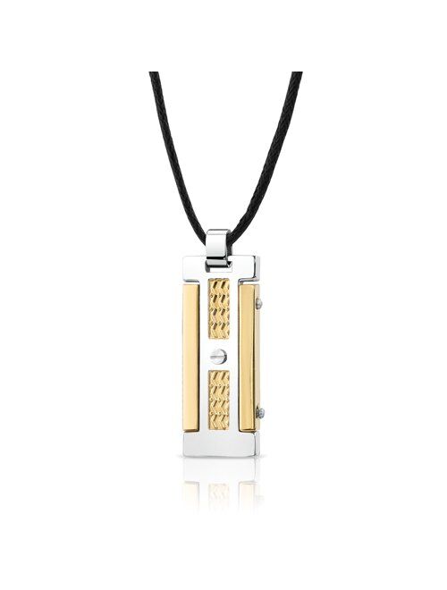 Peora Designer Stainless Steel Two-Tone Dog Tag Bar Pendant for Men and Women, Custom Rivet Design, Hypoallergenic Surgical Grade Jewelry, Adjustable Black Cord
