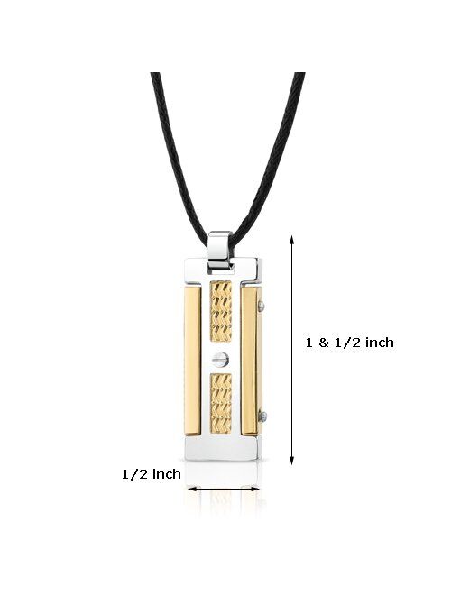 Peora Designer Stainless Steel Two-Tone Dog Tag Bar Pendant for Men and Women, Custom Rivet Design, Hypoallergenic Surgical Grade Jewelry, Adjustable Black Cord