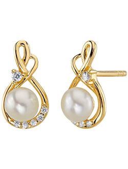 Freshwater Cultured White Pearl Stud Earrings in 14K Yellow Gold, Round Button Shape, 5mm Infinity Swirl Solitaire, Friction Backs