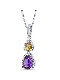Amethyst and Citrine Double Teardrop Pendant Necklace for Women 925 Sterling Silver, Genuine Gemstone Birthstone, 1.25 Carats Total Pear Shape, with 18 inch Chain
