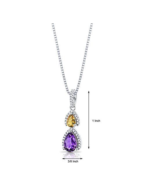 Peora Amethyst and Citrine Double Teardrop Pendant Necklace for Women 925 Sterling Silver, Genuine Gemstone Birthstone, 1.25 Carats Total Pear Shape, with 18 inch Chain