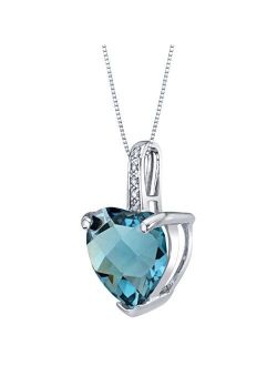 London Blue Topaz and Diamond Heart Pendant for Women 14K White Gold, Genuine Gemstone, 4 Carats Heart Shape 10mm, with 18 inch Italian Chain
