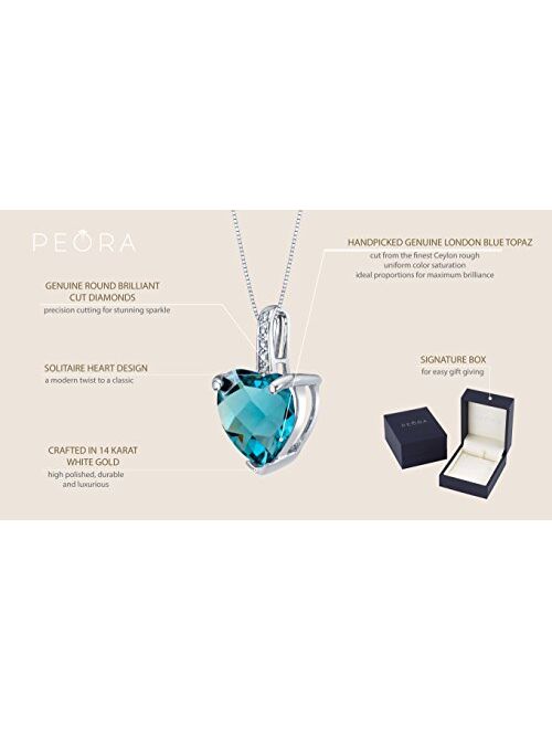 Peora London Blue Topaz and Diamond Heart Pendant for Women 14K White Gold, Genuine Gemstone, 4 Carats Heart Shape 10mm, with 18 inch Italian Chain