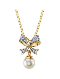 Freshwater Cultured White Pearl Pendant in 14K Yellow Gold, Round Shape, 5mm Pretty Bow-Tie Dangle Design