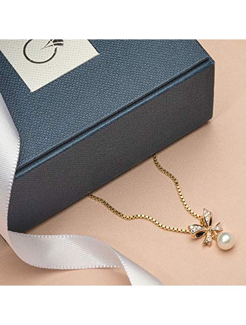 Peora Freshwater Cultured White Pearl Pendant in 14K Yellow Gold, Round Shape, 5mm Pretty Bow-Tie Dangle Design