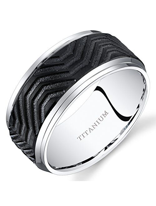 Peora Mens Titanium Wedding Band Ring 10mm Beveled Edges Black Wave Pattern Sizes 7-14