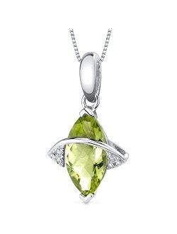 Peridot and Diamond Designer Pendant for Women 14K White Gold, Genuine Gemstone, 1.80 Carats Marquise Shape 12x6mm, with 18 inch Chain
