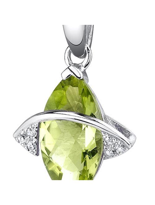 Peora Peridot and Diamond Designer Pendant for Women 14K White Gold, Genuine Gemstone, 1.80 Carats Marquise Shape 12x6mm, with 18 inch Chain