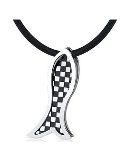 Stainless Steel Fish Slider Pendant Necklace, Custom Checkered Design, Hypoallergenic, 18 2 inch Black Cord