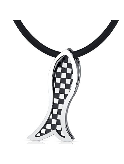 Peora Stainless Steel Fish Slider Pendant Necklace, Custom Checkered Design, Hypoallergenic, 18+2 inch Black Cord