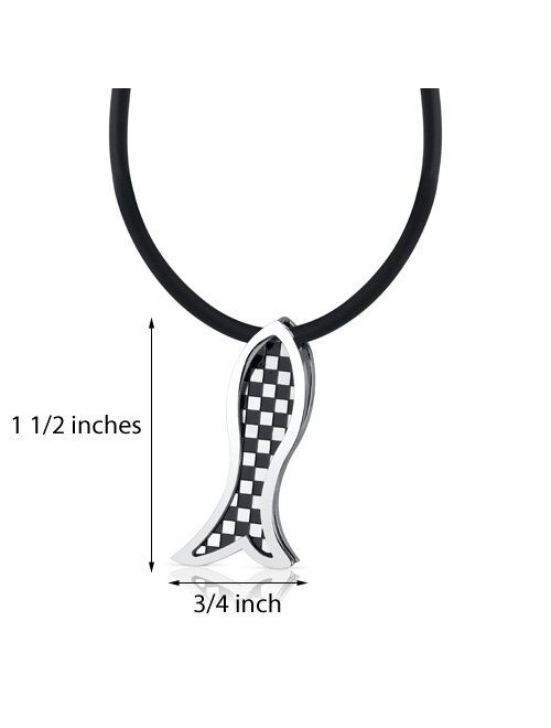 Peora Stainless Steel Fish Slider Pendant Necklace, Custom Checkered Design, Hypoallergenic, 18+2 inch Black Cord