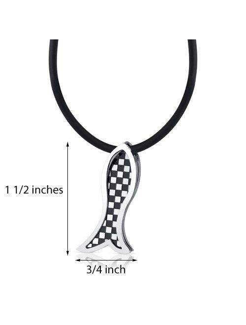 Peora Stainless Steel Fish Slider Pendant Necklace, Custom Checkered Design, Hypoallergenic, 18+2 inch Black Cord