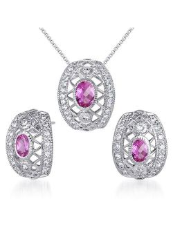 Created Pink Sapphire Pendant Earrings Set Sterling Silver Oval Shape 2.00 Carats