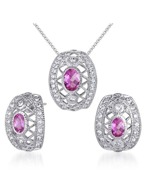 Peora Created Pink Sapphire Pendant Earrings Set Sterling Silver Oval Shape 2.00 Carats