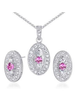 Created Pink Sapphire Earrings and Pendant Necklace Jewelry Set for Women in Sterling Silver, Dainty Medallion Style with 18 inch Chain