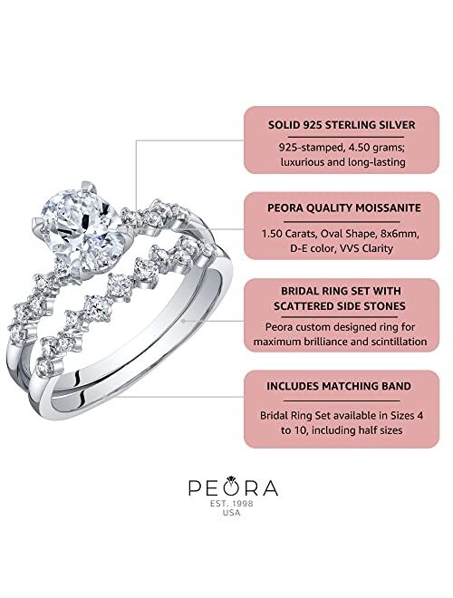 Peora 1.50 Carats Oval Cut Moissanite Engagement Ring and Wedding Band Bridal Set Scattered Side Stones 925 Sterling Silver, D-E Color, VVS Clarity, Sizes 4 to 10
