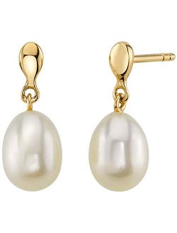 Freshwater Cultured White Pearl Drop Earrings in 14K Yellow Gold, Baroque Pear Shape, 8x6mm Dainty Dangle Solitaire, Friction Backs