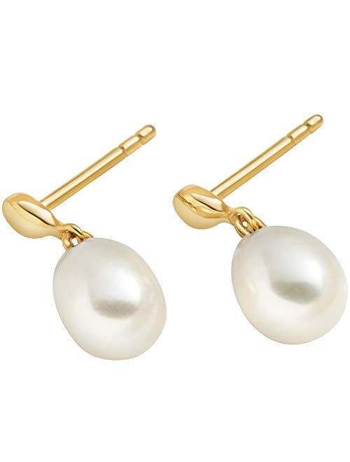 Peora Freshwater Cultured White Pearl Drop Earrings in 14K Yellow Gold, Baroque Pear Shape, 8x6mm Dainty Dangle Solitaire, Friction Backs