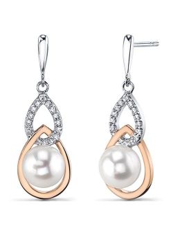 Freshwater Cultured White Pearl Dangle Earrings in Two-Tone Sterling Silver, Double Teardrop Design, 7.50mm Round Button Shape, Friction Backs
