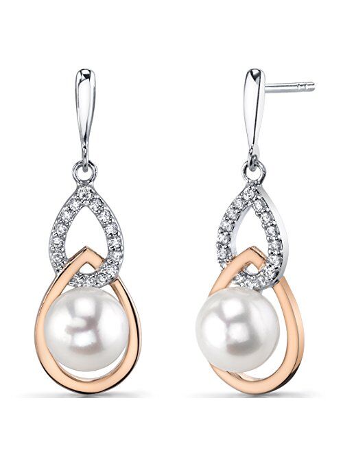 Peora Freshwater Cultured White Pearl Dangle Earrings in Two-Tone Sterling Silver, Double Teardrop Design, 7.50mm Round Button Shape, Friction Backs