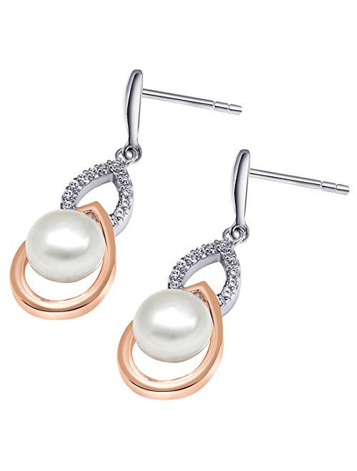 Peora Freshwater Cultured White Pearl Dangle Earrings in Two-Tone Sterling Silver, Double Teardrop Design, 7.50mm Round Button Shape, Friction Backs