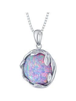 3 Carats Created Purple Lilac Fire Opal Pendant Necklace for Women 925 Sterling Silver, 14mm Round Shape Olive Leaf Vine Solitaire, October Birthstone Jewelry, with