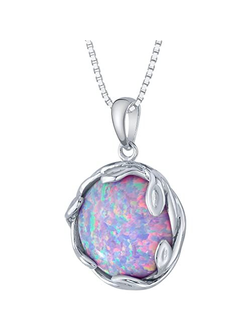 Peora 3 Carats Created Purple Lilac Fire Opal Pendant Necklace for Women 925 Sterling Silver, 14mm Round Shape Olive Leaf Vine Solitaire, October Birthstone Jewelry, with