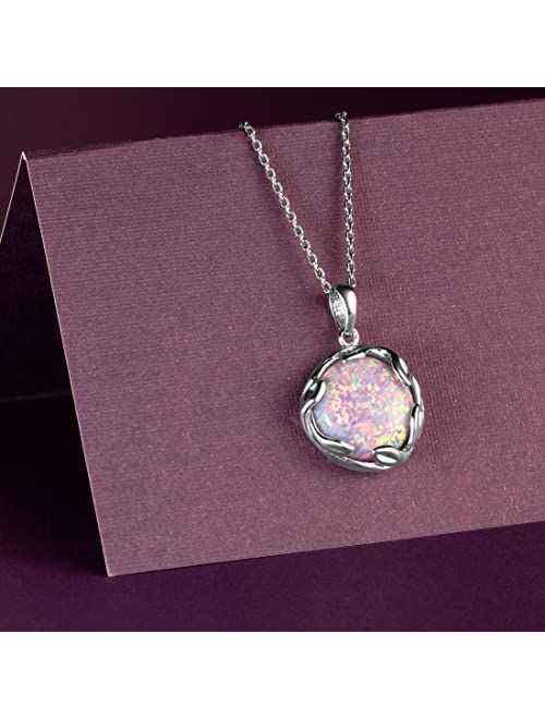 Peora 3 Carats Created Purple Lilac Fire Opal Pendant Necklace for Women 925 Sterling Silver, 14mm Round Shape Olive Leaf Vine Solitaire, October Birthstone Jewelry, with