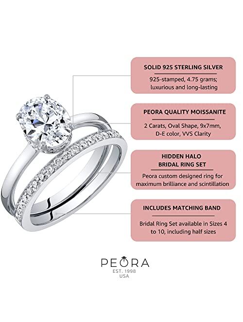 Peora 2 Carats Oval Cut Moissanite Hidden Halo Engagement Ring and Wedding Band Bridal Set for Women 925 Sterling Silver, D-E Color, VVS Clarity, Sizes 4 to 10