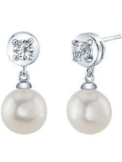 8mm Freshwater Cultured White Pearl and Cubic Zirconia Dangle Drop Earrings 925 Sterling Silver, April Birthstone
