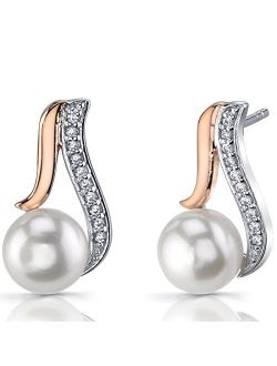 Freshwater Cultured White Pearl Earrings in Rose Goldtone Sterling Silver, Open Teardrop Design, 7.50mm Round Button Shape, Friction Backs