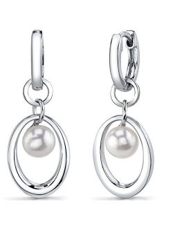 Freshwater Cultured White Pearl Dangle Earrings in Sterling Silver, Angels Halo Drop Design, 6mm Round Button Shape, Hinged Post Closure