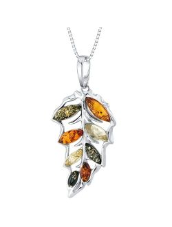 Genuine Baltic Amber Large Leaf Pendant Necklace for Women 925 Sterling Silver, Rich Multiple Colors with 18 inch Chain