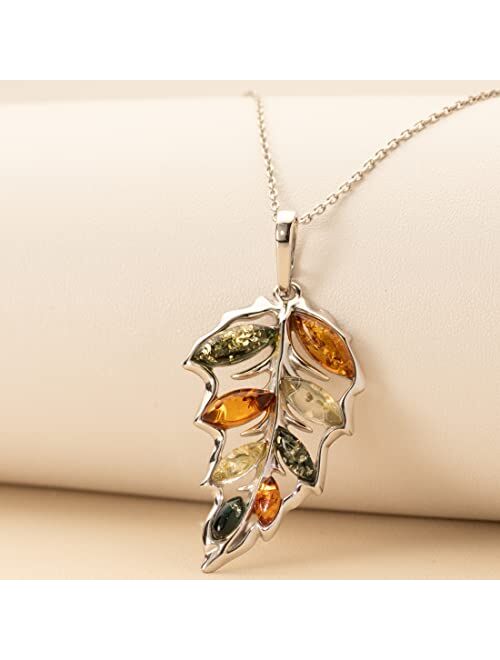 Peora Genuine Baltic Amber Large Leaf Pendant Necklace for Women 925 Sterling Silver, Rich Multiple Colors with 18 inch Chain
