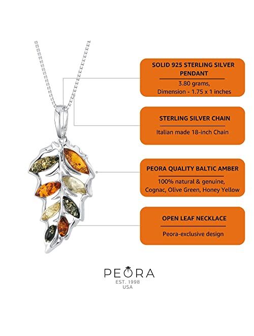 Peora Genuine Baltic Amber Large Leaf Pendant Necklace for Women 925 Sterling Silver, Rich Multiple Colors with 18 inch Chain