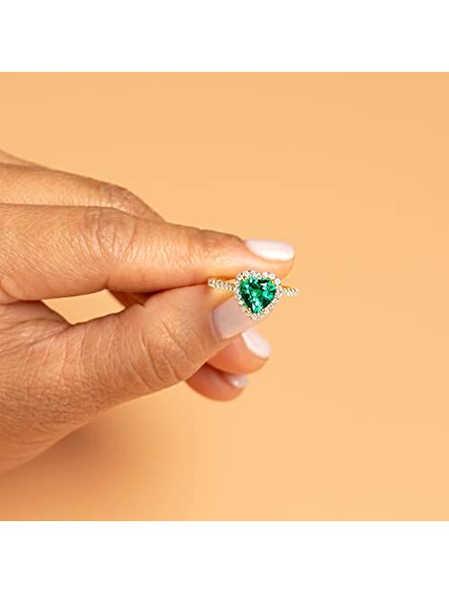 Peora Created Colombian Emerald with Lab Grown Diamonds Sweetheart Ring for Women 14K White or Yellow Gold, 2.25 Carats Total, Vivid Green 8mm Heart Shape, Sizes 4 to 10