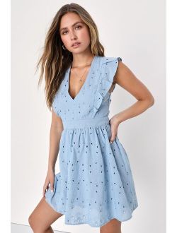 Flirtatious in Florence Blue Ruffled Eyelet Cotton Mini Dress