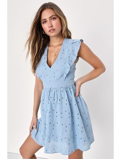Lulus Flirtatious in Florence Blue Ruffled Eyelet Cotton Mini Dress