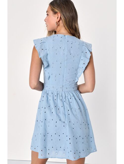 Lulus Flirtatious in Florence Blue Ruffled Eyelet Cotton Mini Dress