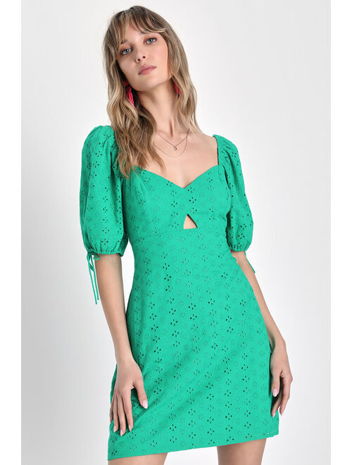 Lulus Posh in Paris Green Eyelet Embroidered Puff Sleeve Mini Dress