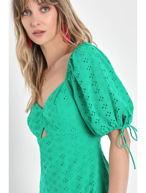Lulus Posh in Paris Green Eyelet Embroidered Puff Sleeve Mini Dress