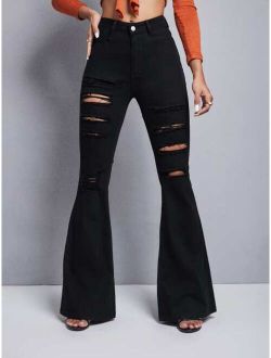Ripped Frayed Flare Leg Jeans