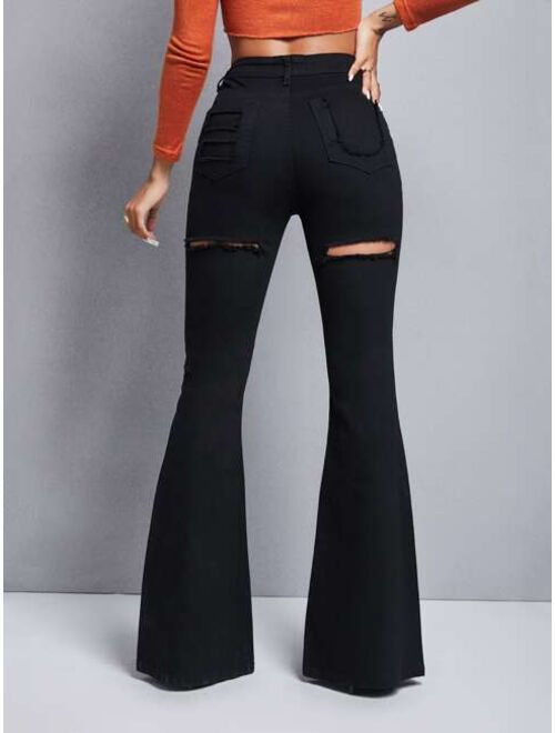 Shein Ripped Frayed Flare Leg Jeans