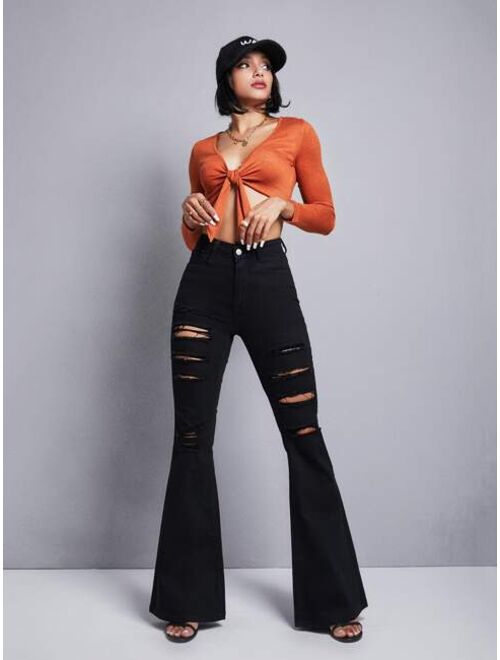 Shein Ripped Frayed Flare Leg Jeans