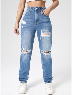 Washed Ripped Mom Jeans