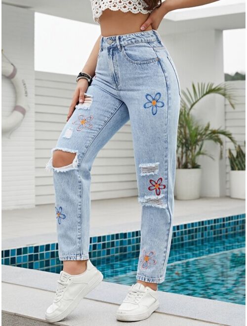 Shein Floral Embroidery Ripped Straight Leg Jeans
