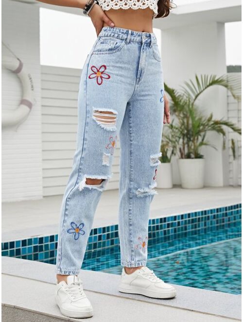Shein Floral Embroidery Ripped Straight Leg Jeans