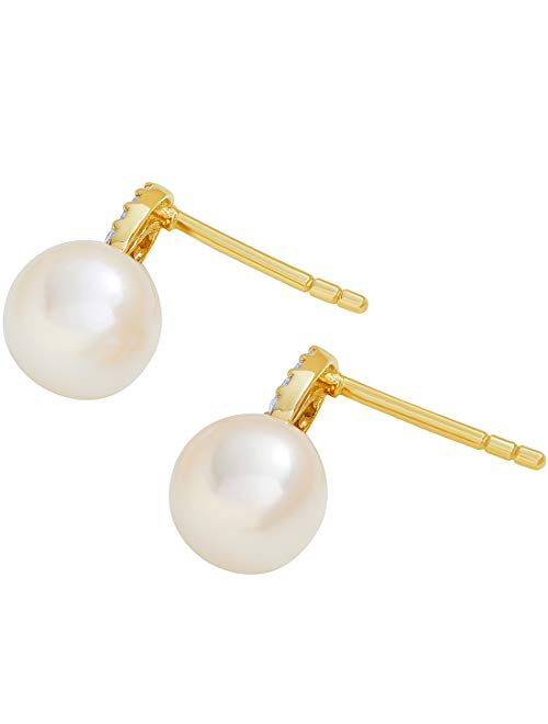 Peora Freshwater Cultured White Pearl Stud Earrings in 14K Yellow Gold, Round Shape, 6mm Empress Solitaire, Friction Backs